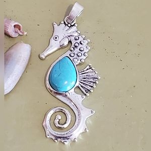 BIG Seahorse turquoise stone necklace pendant Silver natural whimsical NEW